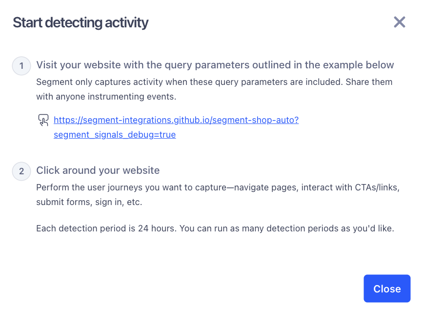 Prompt in the Event Builder showing how to start detecting activity by visiting the website with a debug query parameter and interacting with the app